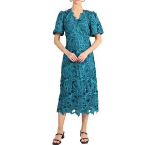 Adelyn Rae Chantelle Scallop Lace Midi Dress Floral Short Puff Sleeve Formal NWT